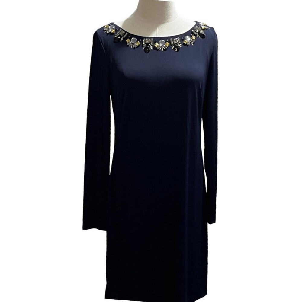 Vince Camuto Navy Long Sleeve Rhinestone Collared Sheath Lined Dress Sz 10‎
